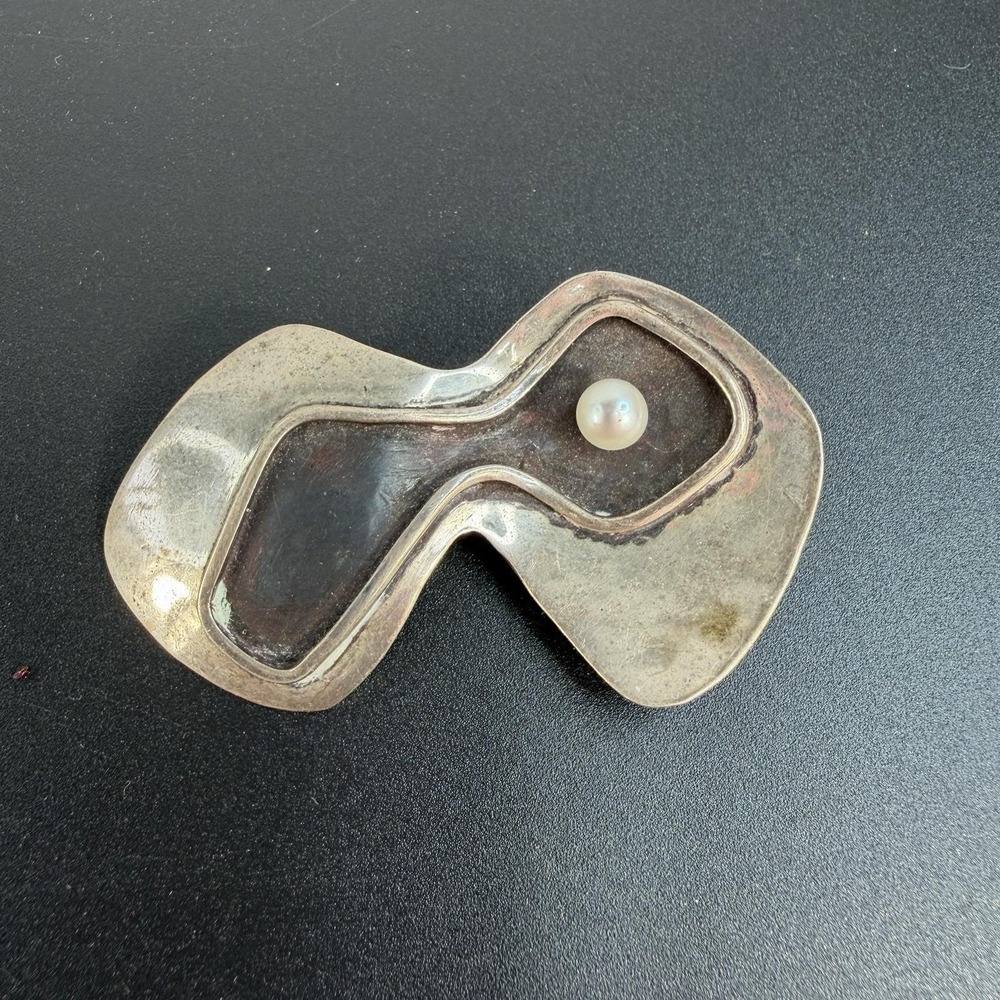 Vintage Mid Century Modern Sterling Silver Brooch Brutalist Handmade Artisan